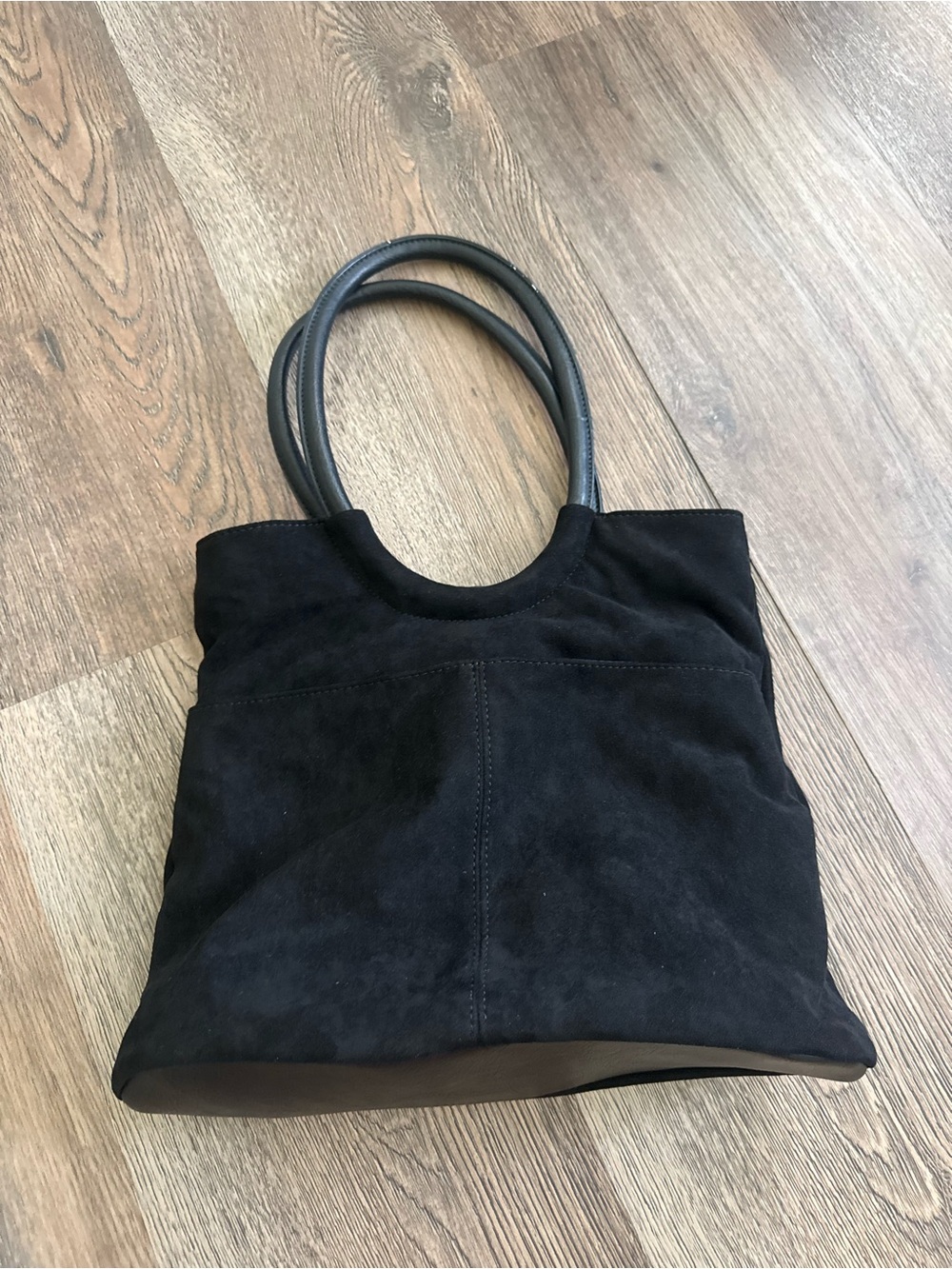 Black Suede Tote Bag with Round Handles